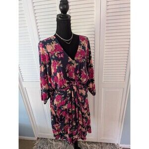 Joe Browns Dress Women’s 18 Pink Multi Floral 3/4 Sleeve Surplice Cottagecore